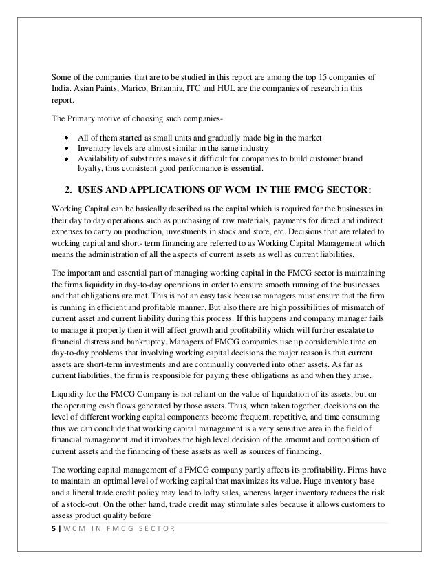 working capital of hul project on working capital management of itc ltd pdf
